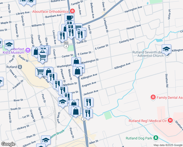 map of restaurants, bars, coffee shops, grocery stores, and more near 31 Killington Avenue in Rutland
