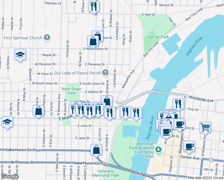 map of restaurants, bars, coffee shops, grocery stores, and more near 402 North Walnut Street in Bay City