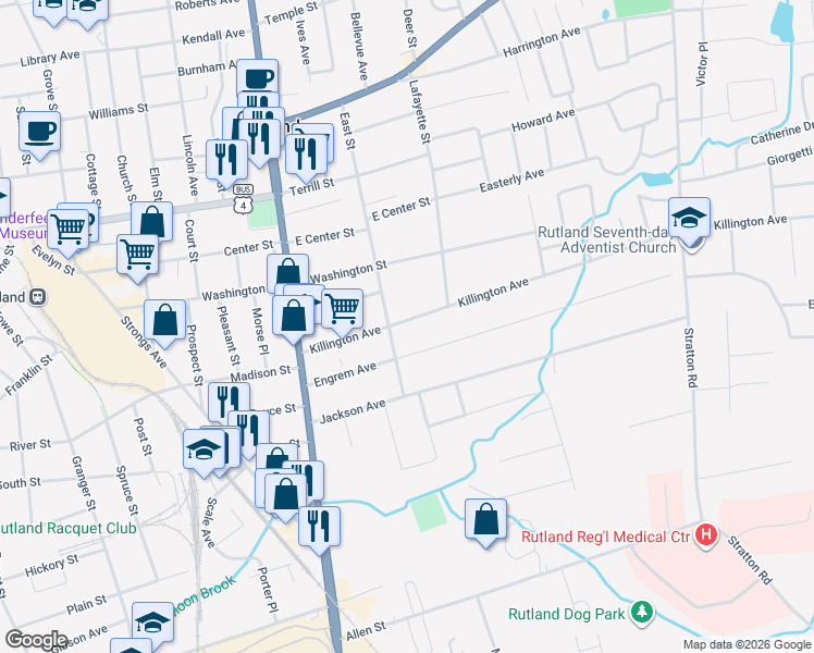 map of restaurants, bars, coffee shops, grocery stores, and more near 46 Killington Avenue in Rutland