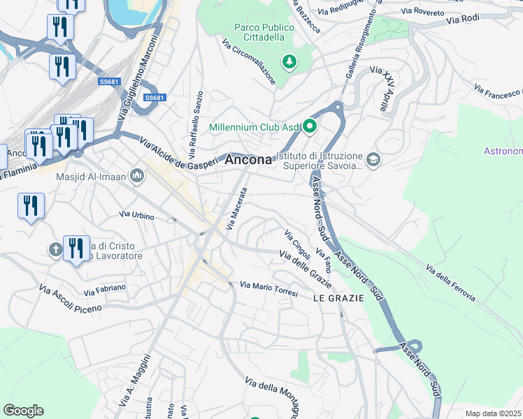 map of restaurants, bars, coffee shops, grocery stores, and more near 10 Via Fano in Ancona