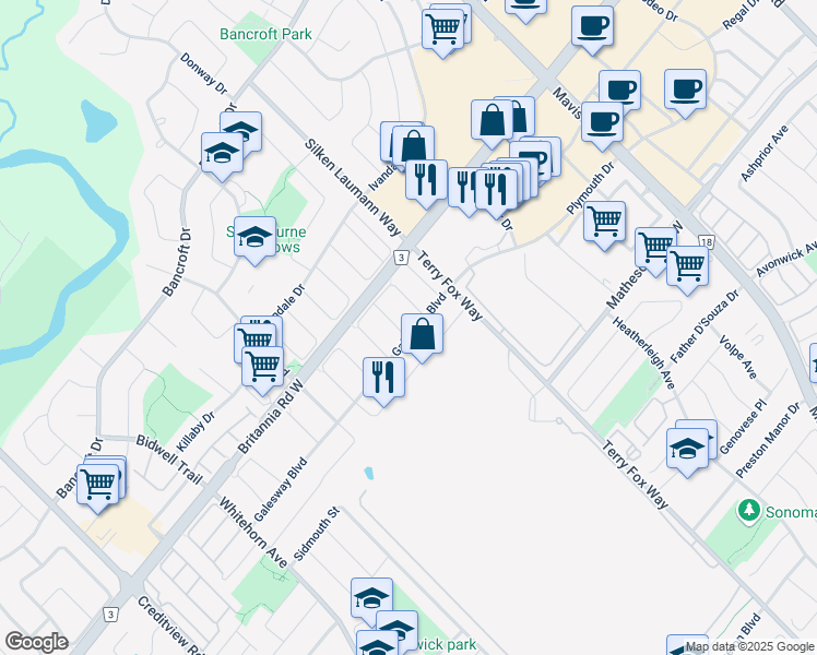map of restaurants, bars, coffee shops, grocery stores, and more near 5929 Ridgecrest Trail in Mississauga