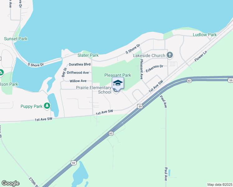 map of restaurants, bars, coffee shops, grocery stores, and more near 1700 1st Avenue Southwest in Worthington