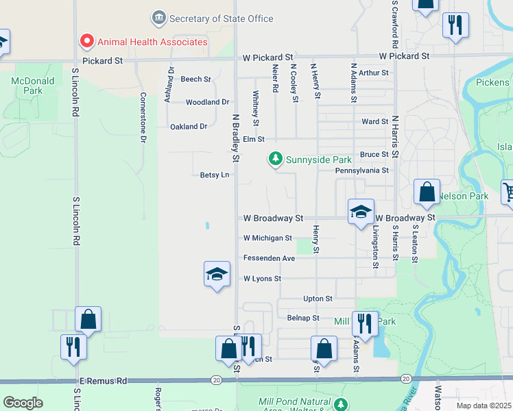 map of restaurants, bars, coffee shops, grocery stores, and more near 1702 West Broadway Street in Mount Pleasant