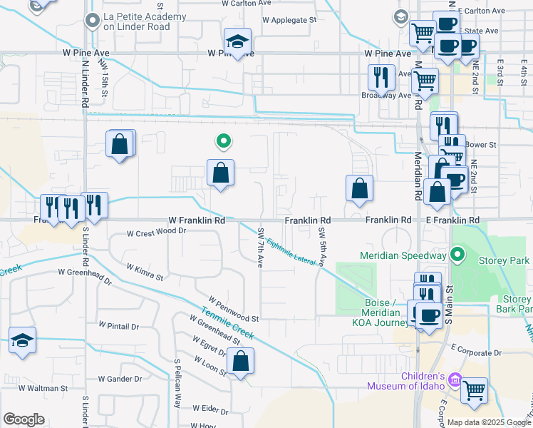 map of restaurants, bars, coffee shops, grocery stores, and more near 720 West Franklin Road in Meridian