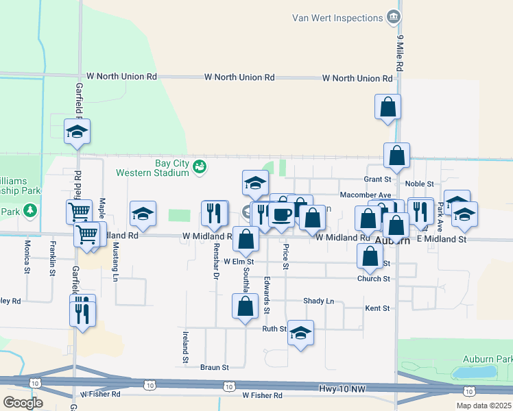 map of restaurants, bars, coffee shops, grocery stores, and more near 500 West Midland Road in Auburn