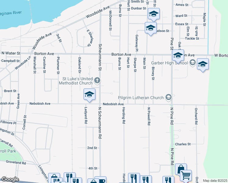 map of restaurants, bars, coffee shops, grocery stores, and more near 7 Sovey Court in Essexville