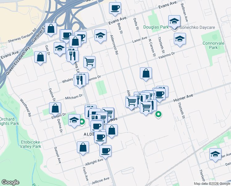 map of restaurants, bars, coffee shops, grocery stores, and more near 448 Rimilton Avenue in Toronto