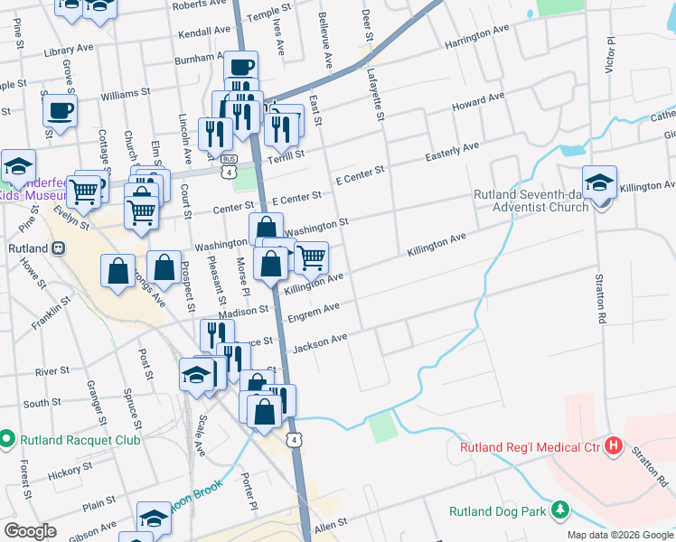 map of restaurants, bars, coffee shops, grocery stores, and more near 37 Killington Avenue in Rutland