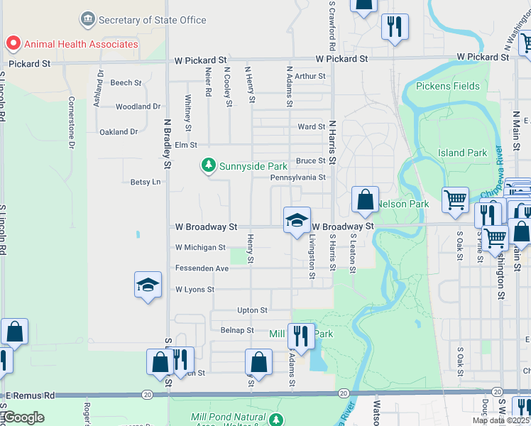 map of restaurants, bars, coffee shops, grocery stores, and more near 111 North Maxwell Street in Mount Pleasant