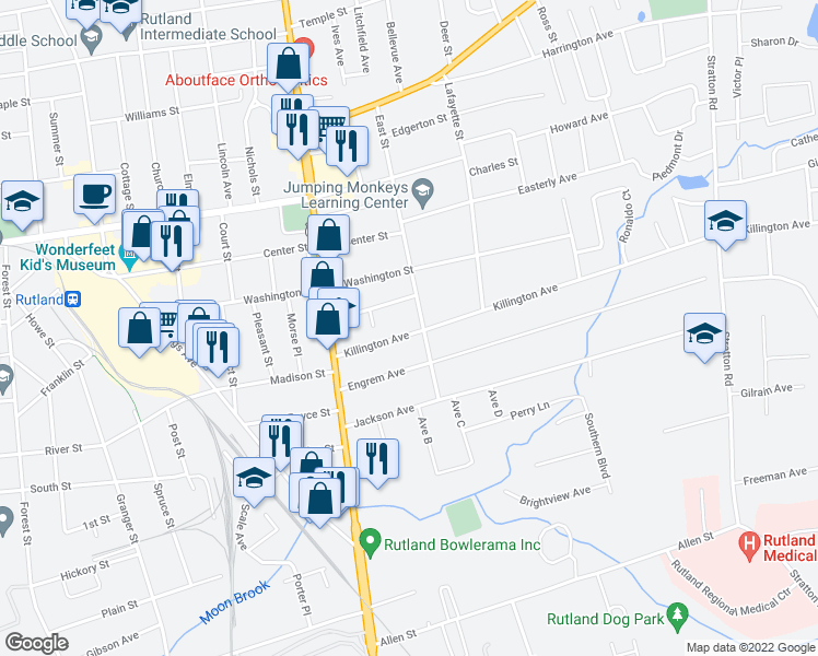 map of restaurants, bars, coffee shops, grocery stores, and more near 31 Killington Avenue in Rutland