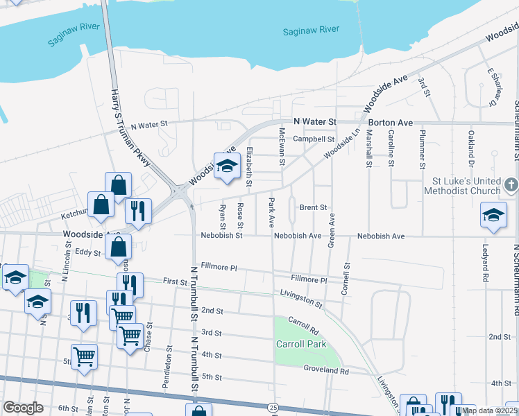 map of restaurants, bars, coffee shops, grocery stores, and more near 1530 Elizabeth Street in Bay City