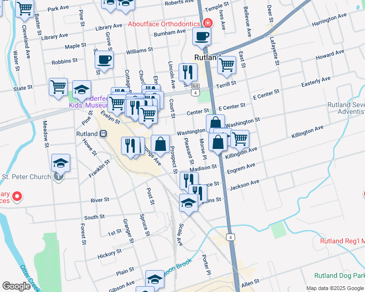 map of restaurants, bars, coffee shops, grocery stores, and more near 43 Pleasant Street in Rutland