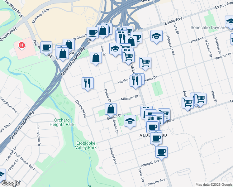 map of restaurants, bars, coffee shops, grocery stores, and more near 83 Gair Drive in Toronto