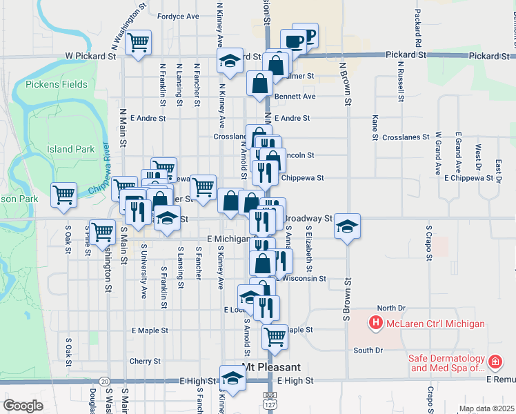 map of restaurants, bars, coffee shops, grocery stores, and more near 117 North Mission Street in Mount Pleasant