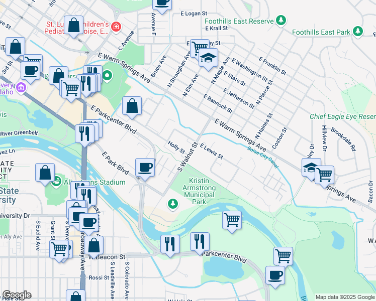 map of restaurants, bars, coffee shops, grocery stores, and more near 300 South Walnut Street in Boise