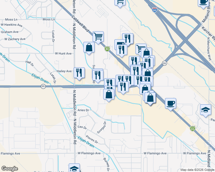 map of restaurants, bars, coffee shops, grocery stores, and more near 2221 West Karcher Road in Nampa