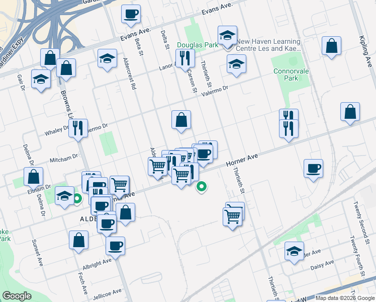 map of restaurants, bars, coffee shops, grocery stores, and more near in Toronto