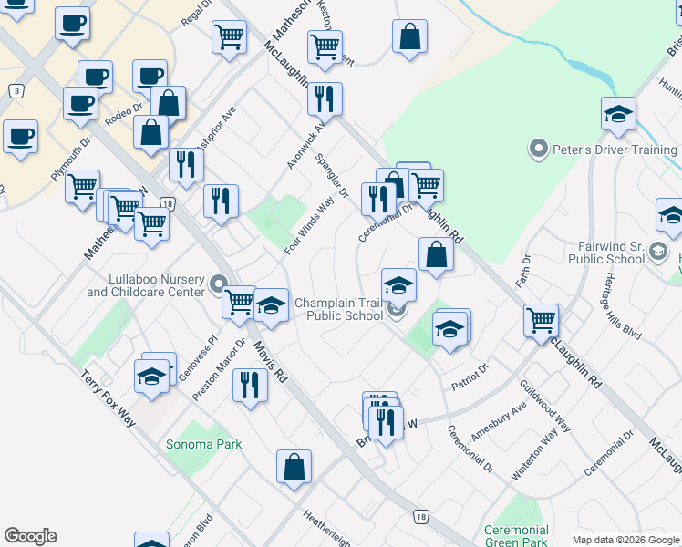 map of restaurants, bars, coffee shops, grocery stores, and more near 644 Roselaire Trail in Mississauga