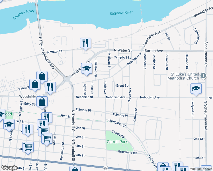 map of restaurants, bars, coffee shops, grocery stores, and more near 1536 Park Avenue in Bay City