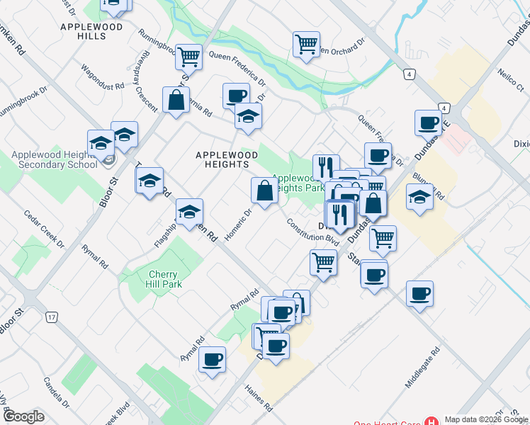 map of restaurants, bars, coffee shops, grocery stores, and more near 1065 Sierra Boulevard in Mississauga