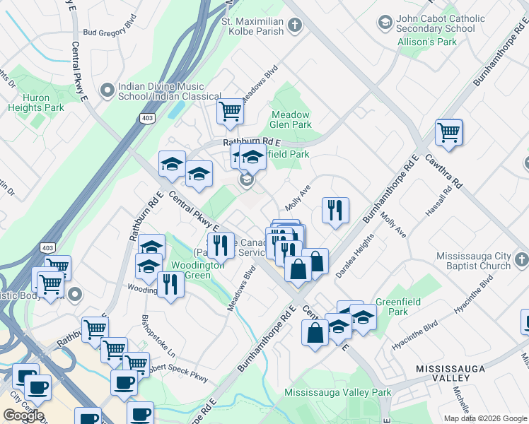 map of restaurants, bars, coffee shops, grocery stores, and more near 345 Meadows Boulevard in Mississauga