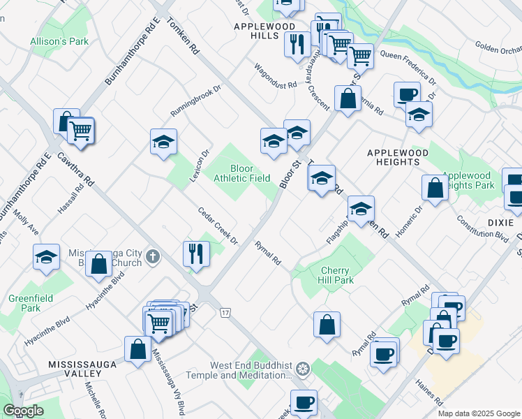 map of restaurants, bars, coffee shops, grocery stores, and more near 881 Bloor Street in Mississauga