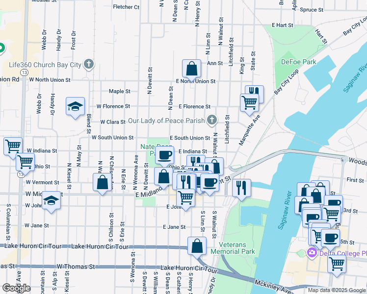 map of restaurants, bars, coffee shops, grocery stores, and more near 402 North Catherine Street in Bay City