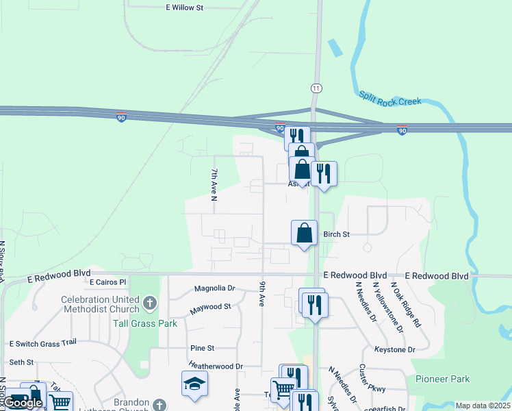 map of restaurants, bars, coffee shops, grocery stores, and more near 1004 Birch Street in Brandon