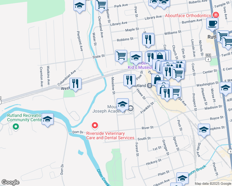 map of restaurants, bars, coffee shops, grocery stores, and more near 102 School Street in Rutland