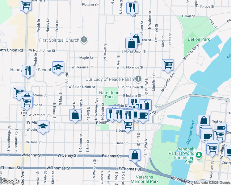 map of restaurants, bars, coffee shops, grocery stores, and more near 403 North Dean Street in Bay City
