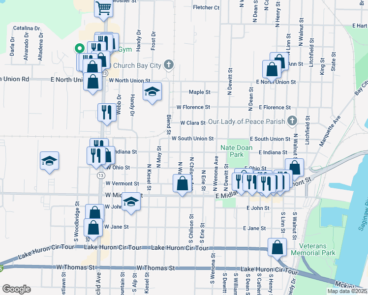 map of restaurants, bars, coffee shops, grocery stores, and more near 403 North Warner Street in Bay City