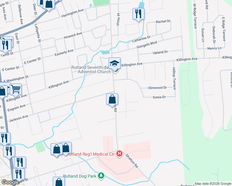 map of restaurants, bars, coffee shops, grocery stores, and more near 180 Stratton Road in Rutland