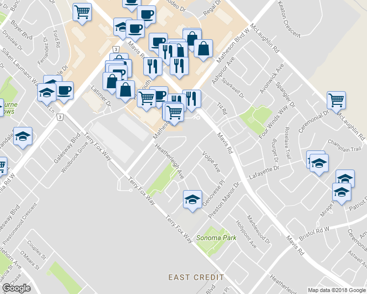 map of restaurants, bars, coffee shops, grocery stores, and more near 804 Khan Crescent in Mississauga