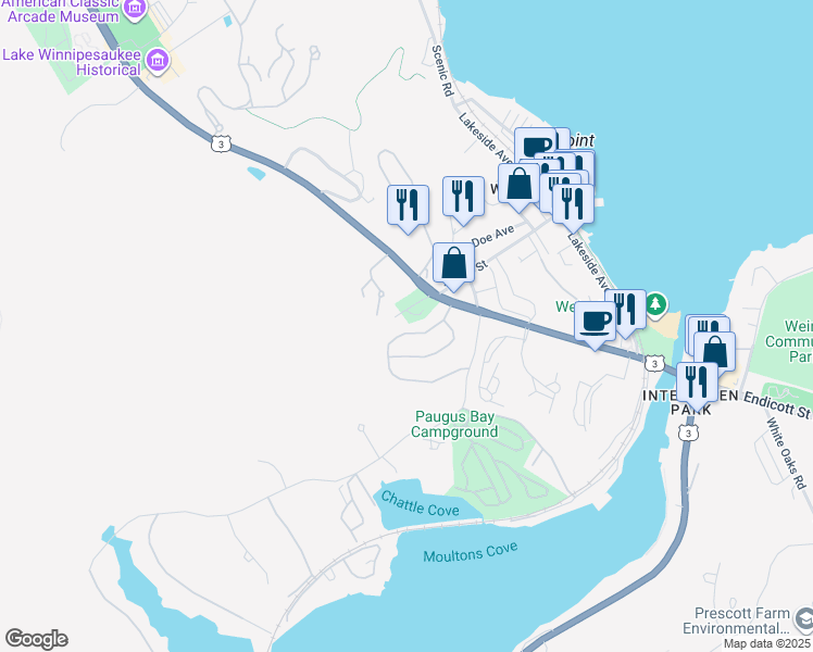 map of restaurants, bars, coffee shops, grocery stores, and more near 49 Memory Lane in Laconia