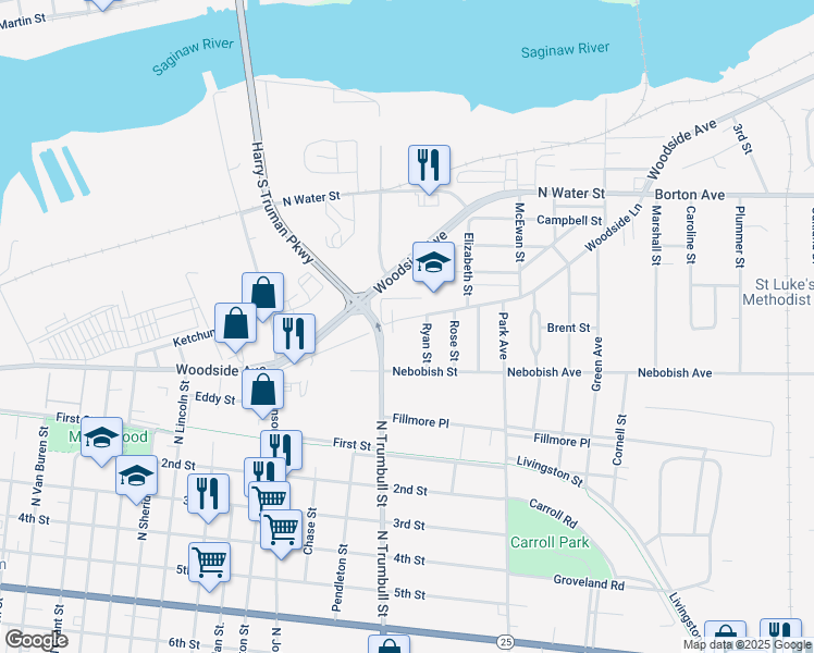 map of restaurants, bars, coffee shops, grocery stores, and more near 122 Woodside Lane in Bay City
