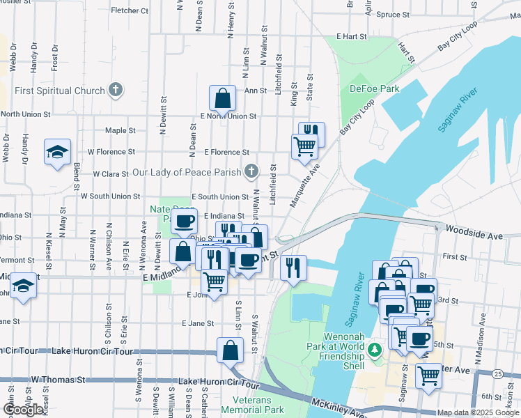 map of restaurants, bars, coffee shops, grocery stores, and more near 402 North Walnut Street in Bay City