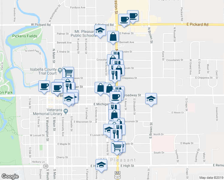 map of restaurants, bars, coffee shops, grocery stores, and more near 117 North Mission Street in Mount Pleasant
