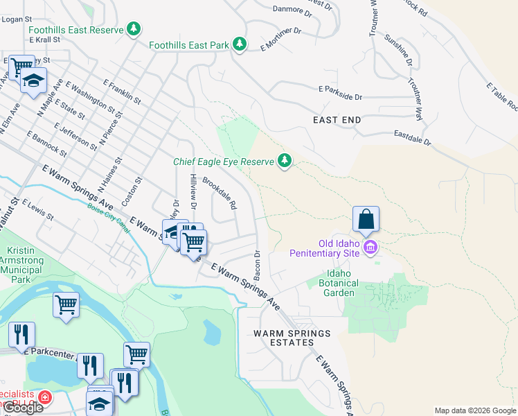 map of restaurants, bars, coffee shops, grocery stores, and more near 500 Bacon Drive in Boise