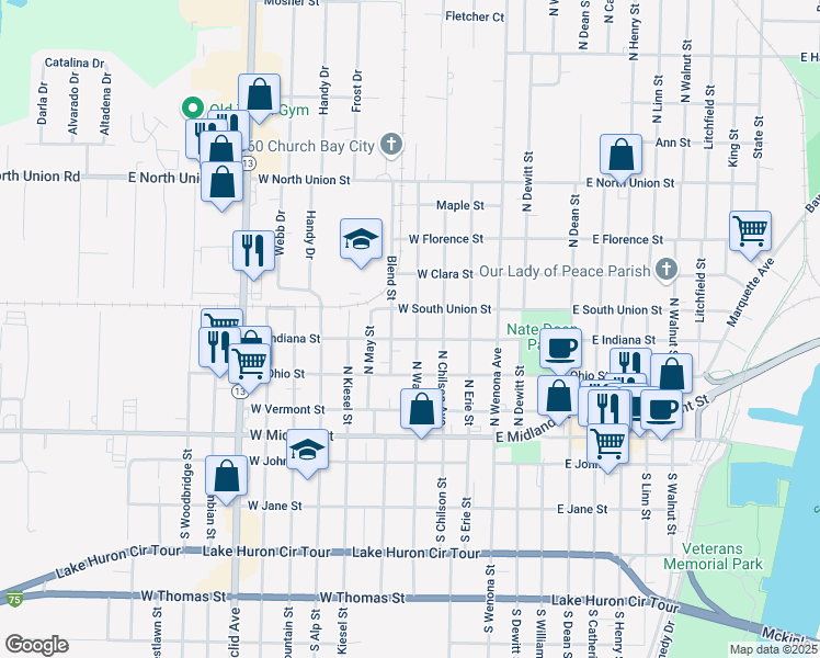 map of restaurants, bars, coffee shops, grocery stores, and more near 403 North Warner Street in Bay City
