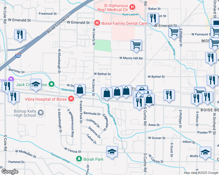 map of restaurants, bars, coffee shops, grocery stores, and more near 6205 West Tierra Lane in Boise