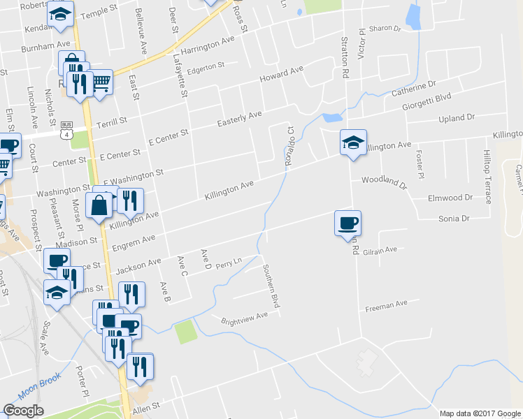 map of restaurants, bars, coffee shops, grocery stores, and more near 80 Engrem Avenue in Rutland
