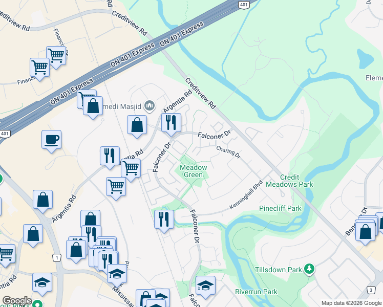 map of restaurants, bars, coffee shops, grocery stores, and more near 6699 Falconer Drive in Mississauga