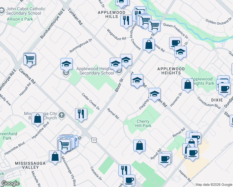 map of restaurants, bars, coffee shops, grocery stores, and more near 888 Bloor Street in Mississauga