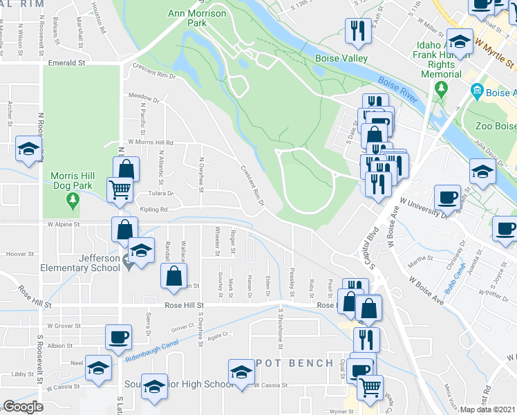 map of restaurants, bars, coffee shops, grocery stores, and more near 3103 Crescent Rim Drive in Boise