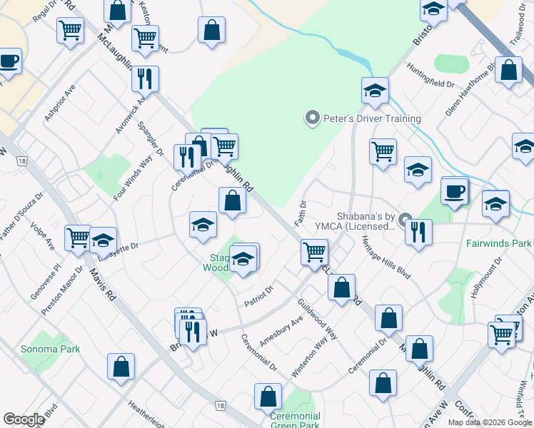 map of restaurants, bars, coffee shops, grocery stores, and more near 5357 Champlain Trail in Mississauga