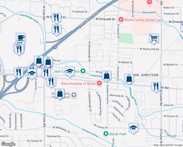map of restaurants, bars, coffee shops, grocery stores, and more near 6771 Douglas Street in Boise