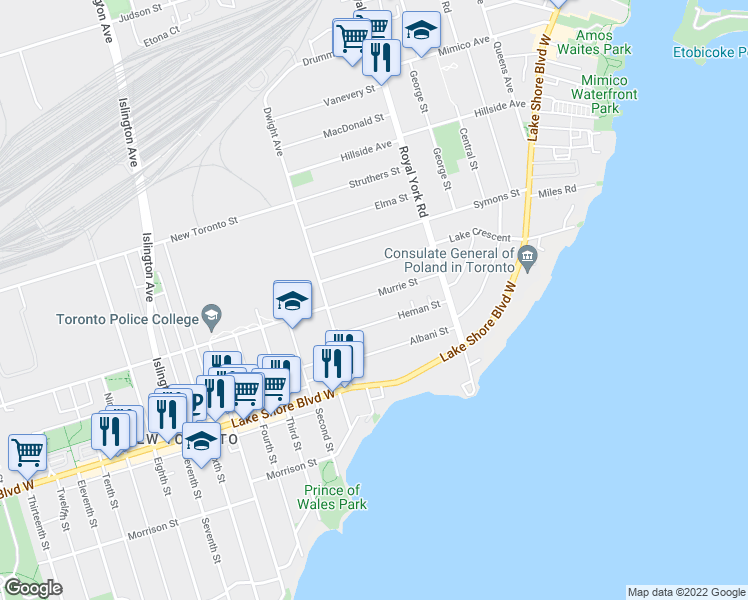 map of restaurants, bars, coffee shops, grocery stores, and more near 65 Murrie Street in Toronto