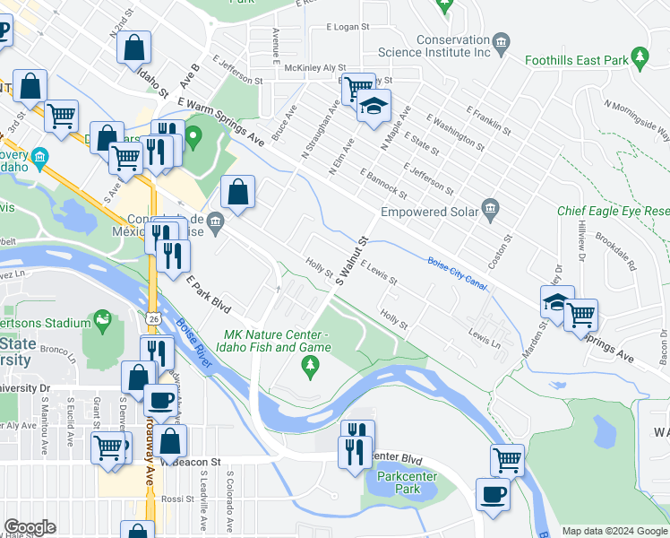 map of restaurants, bars, coffee shops, grocery stores, and more near 300 South Walnut Street in Boise