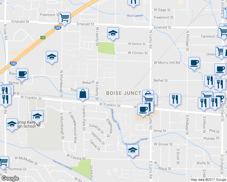 map of restaurants, bars, coffee shops, grocery stores, and more near 6205 West Tierra Lane in Boise