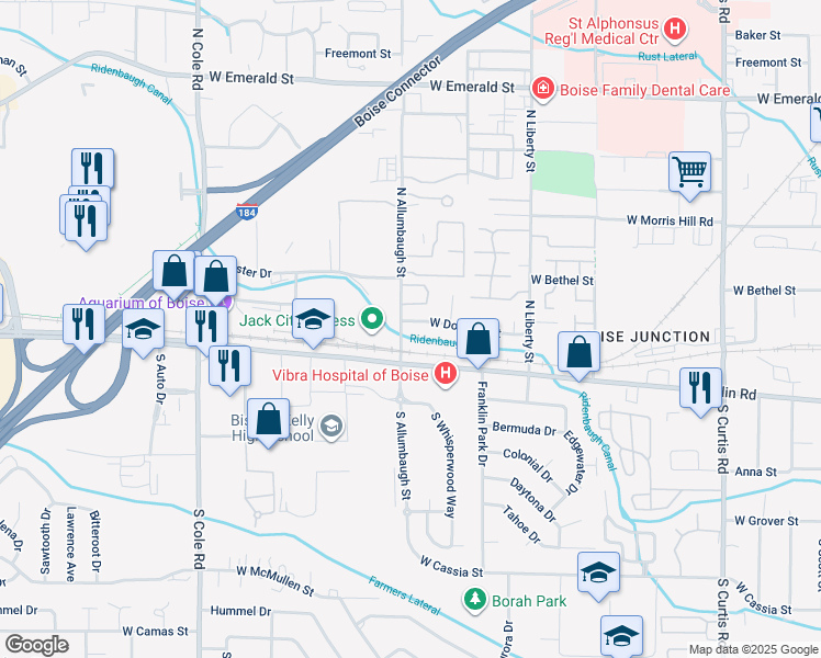 map of restaurants, bars, coffee shops, grocery stores, and more near 6771 Douglas Street in Boise